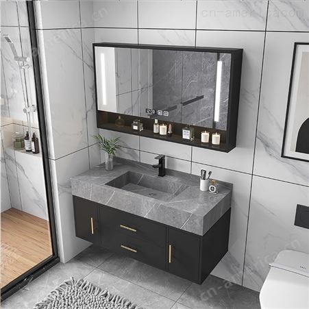 轻奢岩石板一体盆实木网红洗漱台洗手洗脸池柜组合现代简约浴室柜